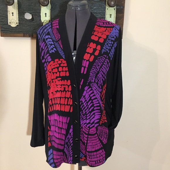 Bob Mackie Wearable Art Long Sleeve Long Cardigan Style Top With Pockets - Picture 6 of 12